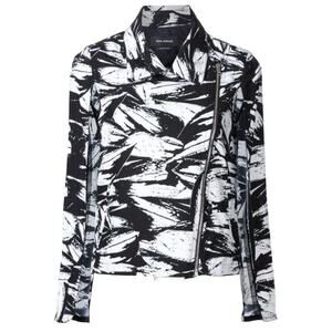 Yigal Azrouel Jacket Moto Blazer Black White Zip Abstract Lightweight Ca…